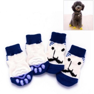 4pcs /Set Cute Puppy Dogs Pet Knitted Anti-slip Socks, Size:L (Blue Beard)