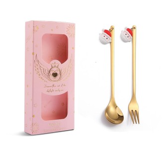 2pcs /Pack Christmas Mixing Spoon Fruit Fork With Pendant Flatware, Style: Elderly (Pink Box)