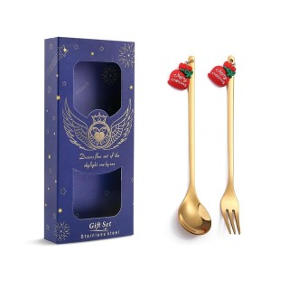 2pcs /Pack Christmas Mixing Spoon Fruit Fork With Pendant Flatware, Style: Fubuku (Blue Box)