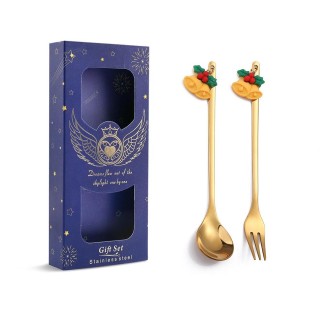 2pcs /Pack Christmas Mixing Spoon Fruit Fork With Pendant Flatware, Style: Bell (Blue Box)