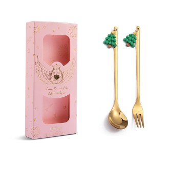 2pcs /Pack Christmas Mixing Spoon Fruit Fork With Pendant Flatware, Style: Tree (Pink Box)