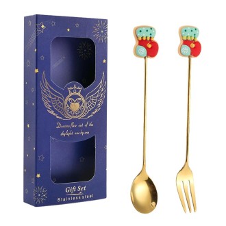 2pcs /Pack Christmas Gift Spoon Cartoon Fruit Fork Dessert Coffee Scoop, Style: Socks (Blue Box)