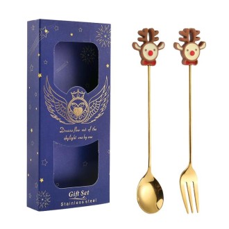 2pcs /Pack Christmas Gift Spoon Cartoon Fruit Fork Dessert Coffee Scoop, Style: Elk (Blue Box)