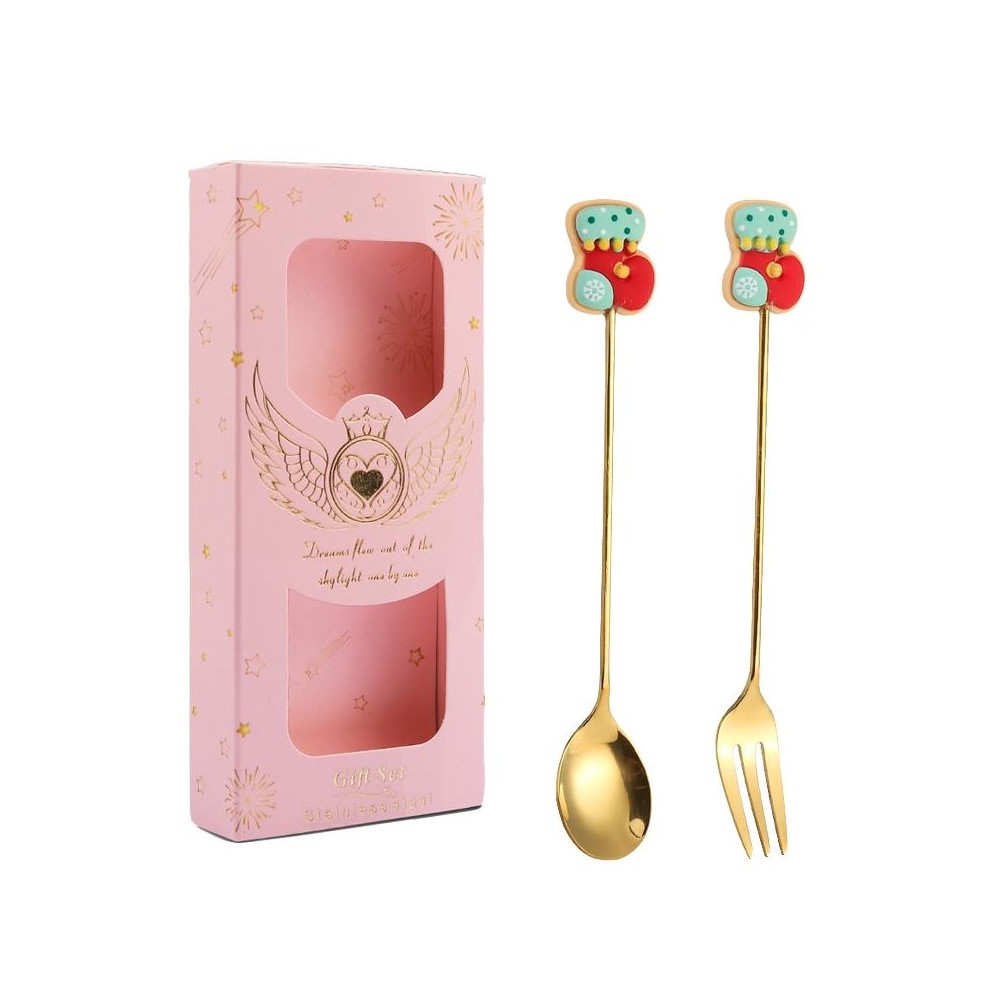 2pcs /Pack Christmas Gift Spoon Cartoon Fruit Fork Dessert Coffee Scoop, Style: Socks (Pink Box)