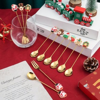 2pcs /Pack Christmas Gift Spoon Cartoon Fruit Fork Dessert Coffee Scoop, Style: Socks (Pink Box)