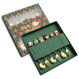 6pcs /Pack Christmas Gift Spoon Cartoon Fruit Fork Dessert Coffee Scoop, Style: Spoon Fork (Green Box)