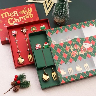 6pcs /Pack Christmas Gift Spoon Cartoon Fruit Fork Dessert Coffee Scoop, Style: Spoon Fork (Green Box)