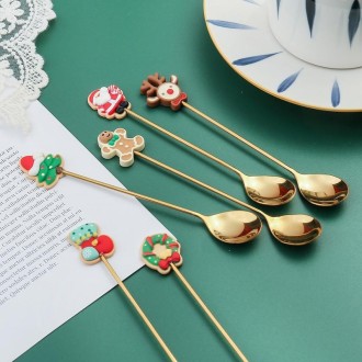 6pcs /Pack Christmas Gift Spoon Cartoon Fruit Fork Dessert Coffee Scoop, Style: Spoon Fork (Green Box)