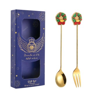 2pcs /Pack Christmas Gift Spoon Cartoon Fruit Fork Dessert Coffee Scoop, Style: Wreath (Blue Box)