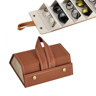 Multifunctional Jewelry Glasses Storage Box Small Grain PU Leather Handmade Glasses Case,Model: L6402 (Brown)