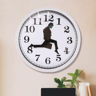 Walking Clock Businessman Briefcase Glass Wall Clock Personality Clock Decoration Round Clock(White)