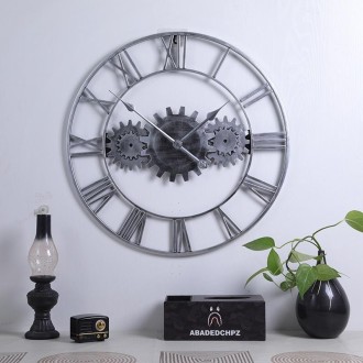 60cm Vintage Iron Round Gear Wall Clock Silent Large Art Clock(Silver+Silver Needle)