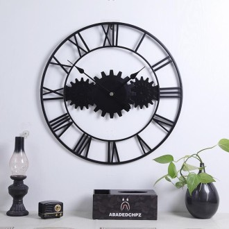 60cm Vintage Iron Round Gear Wall Clock Silent Large Art Clock(Black+Black Needle)