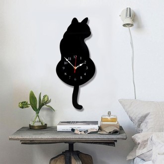 42x18cm Home Office Bedroom Decoration Battery Operated Cat Shaped Wall Clock with Swinging Tails(Black)