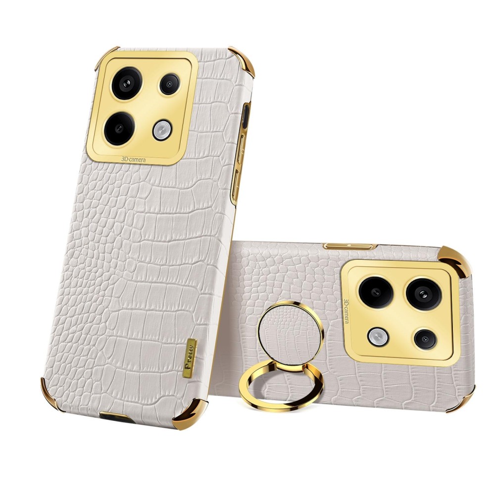 For Xiaomi Redmi Note 13 Pro 6D Electroplating Crocodile Texture Leather Back Phone Case with Holder(White)