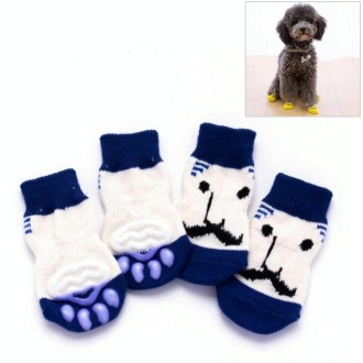 4pcs /Set Cute Puppy Dogs Pet Knitted Anti-slip Socks, Size:M (Blue Beard)