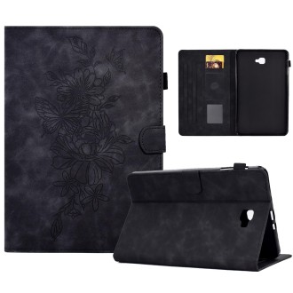 For Samsung Galaxy Tab A 10.1 2016 T580 Peony Butterfly Embossed Leather Smart Tablet Case(Black)