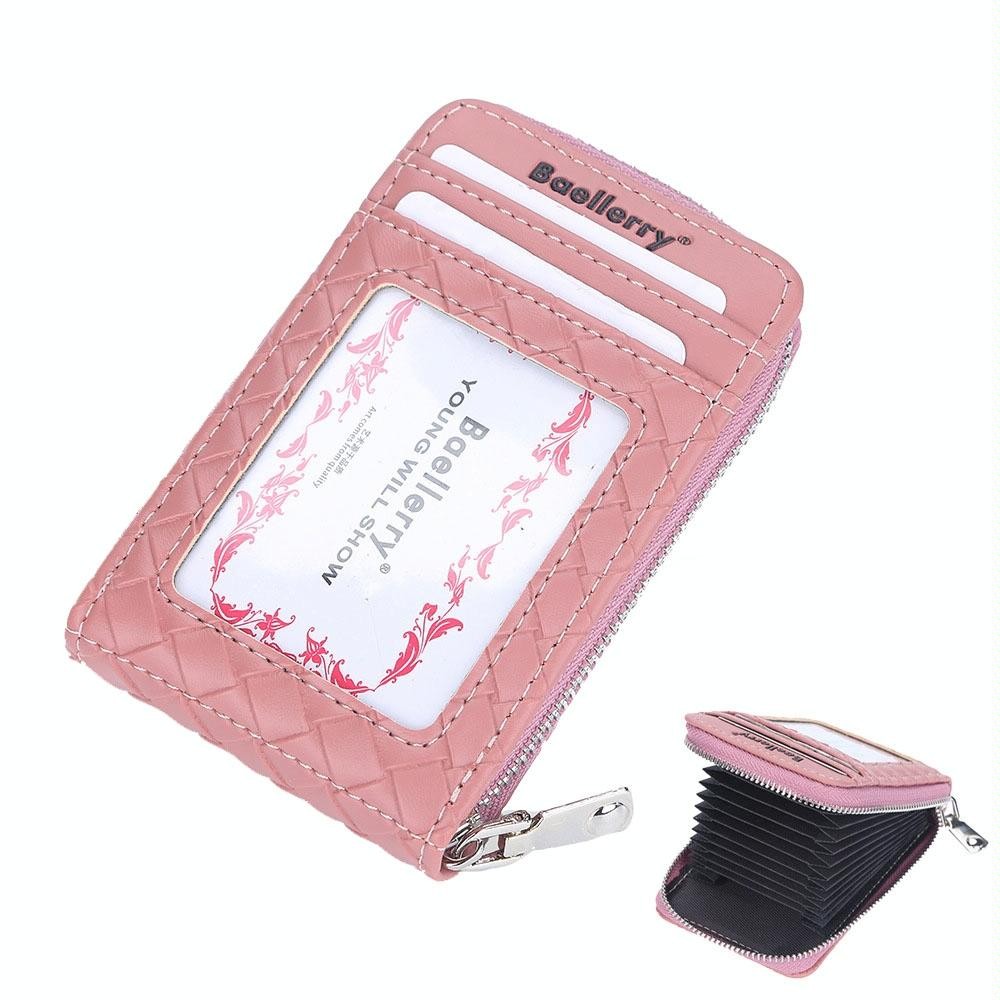 Baellerry Large Capacity Woven Organ Card Holder Thin Zipper Coin Purse(Darke Pink)