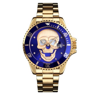 SKMEI 9195 Fashion Water-inlaid Drill Skull Nightlight Waterproof Quartz Watch Steel Strip Watch for Men(Golden Blue)