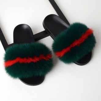 Fox Fur Slippers Flip-flops Non-slip Flat Fur Shoes Sandals for Women, Shoe Size:42-43(26cm)(Green Red)