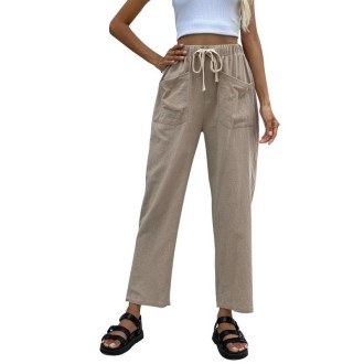 Women Color Cropped Straight-leg Pants with Laces (XL)