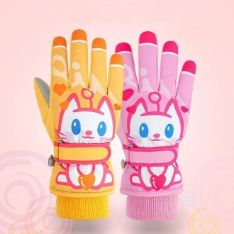 Cartoon Cat Pattern Girls Cute Cotton Gloves Children Ski Windproof and Warm Gloves Non-Slip and Waterproof Riding Gloves, Size: