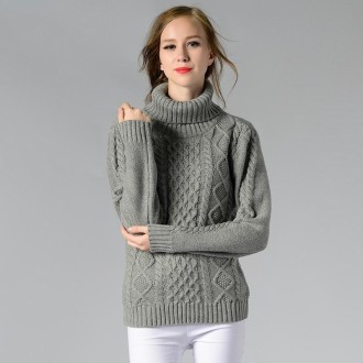 Women High Neck Knitted Sweater Long Sleeve Stranded Flower Bottoming Sweater, Size: XXL(Gray)