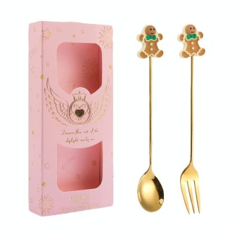 2pcs /Pack Christmas Gift Spoon Cartoon Fruit Fork Dessert Coffee Scoop, Style: Gingerbread (Pink Box)