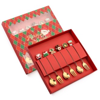 6pcs /Pack Christmas Gift Spoon Cartoon Fruit Fork Dessert Coffee Scoop, Style: Spoon Fork (Red Box)