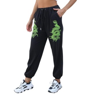 Ladies Casual Pants Printed Straight-leg Pants (Color:Black Size:XL)