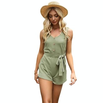 Women Solid Color Vest Type Waistband Shorts Jumpsuit (Color:Army Green Size:L)