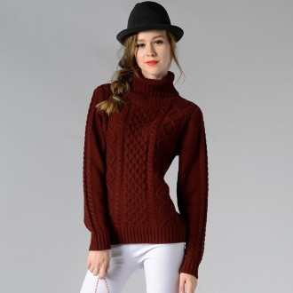 Women High Neck Knitted Sweater Long Sleeve Stranded Flower Bottoming Sweater, Size: XXL(Wine Red)