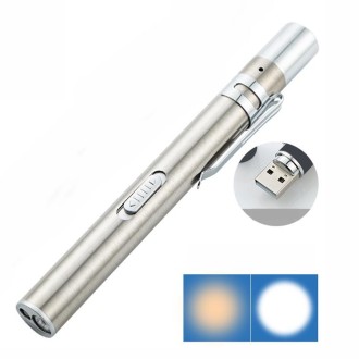 Flashlight Pupil Pen Light Yellow White Dual Light Source Dental Light LED Stainless Steel Morning Inspection Light(Silver)