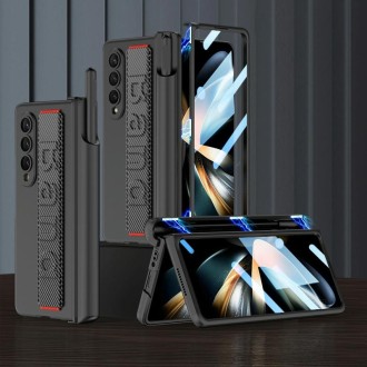 For Samsung Galaxy Z Fold4 GKK Integrated Magnetic Folding Hinge Phone Case with Wrist Strap & Pen Holder(Carbon Fiber)