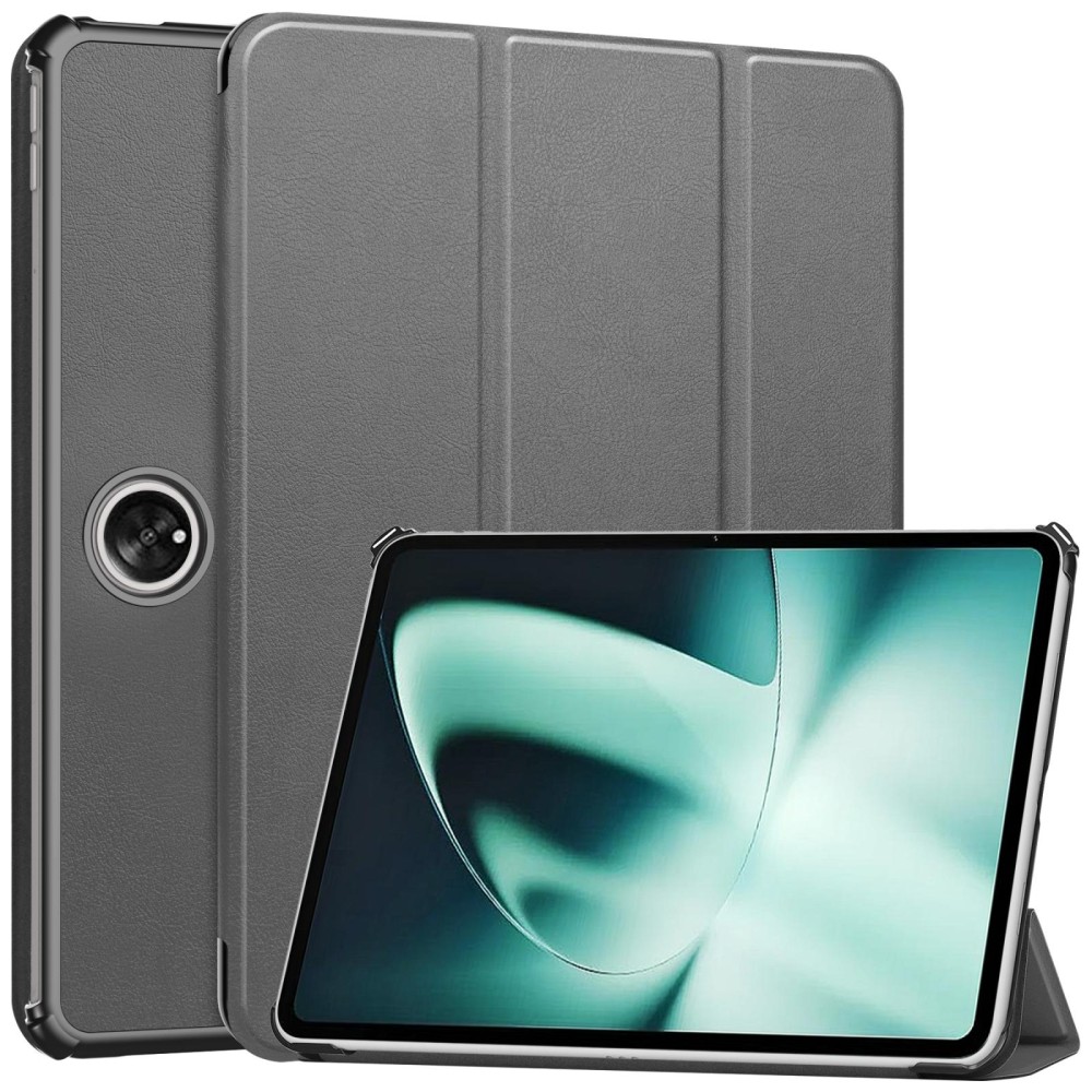 For OnePlus Pad Custer Pure Color 3-Fold Holder Smart Leather Tablet Case(Grey)