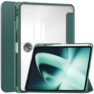 For OnePlus Pad Clear Back Cover 3-Fold Leather Smart Tablet Case(Dark Green)