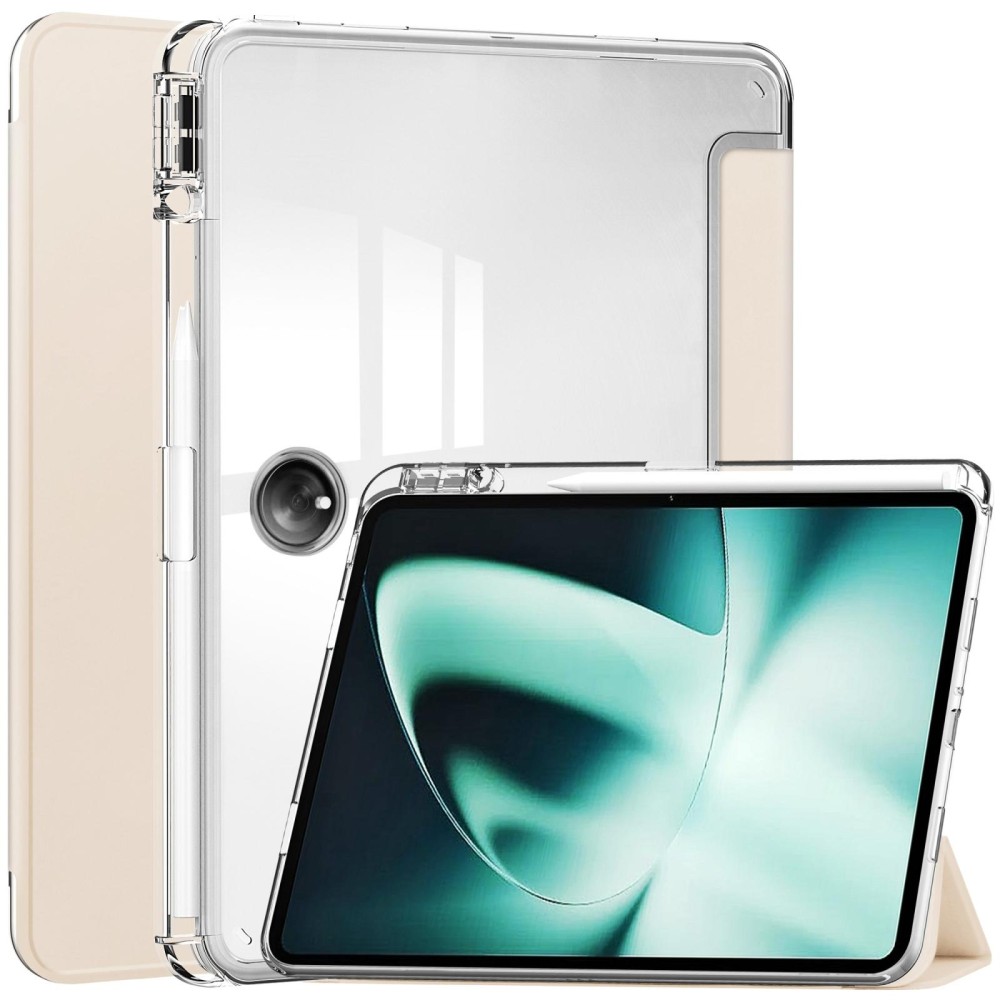 For OnePlus Pad Clear Back Cover 3-Fold Leather Smart Tablet Case(Apricot)