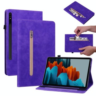 For Samsung Galaxy Tab S7 / S8 Skin Feel Solid Color Zipper Leather Tablet Case(Purple)