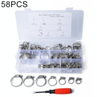 58 PCS Stainless Steel Adjustable Worm Gear Hose Clamp Fuel Line Clip with Screwdriver, Diameter Range: 6-38mm