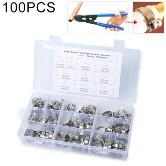 100 PCS Adjustable Single Ear Plus Stainless Steel Hydraulic Hose Clamps O-Clips Pipe Fuel Air, Inside Diameter Range: 12.8-23.5