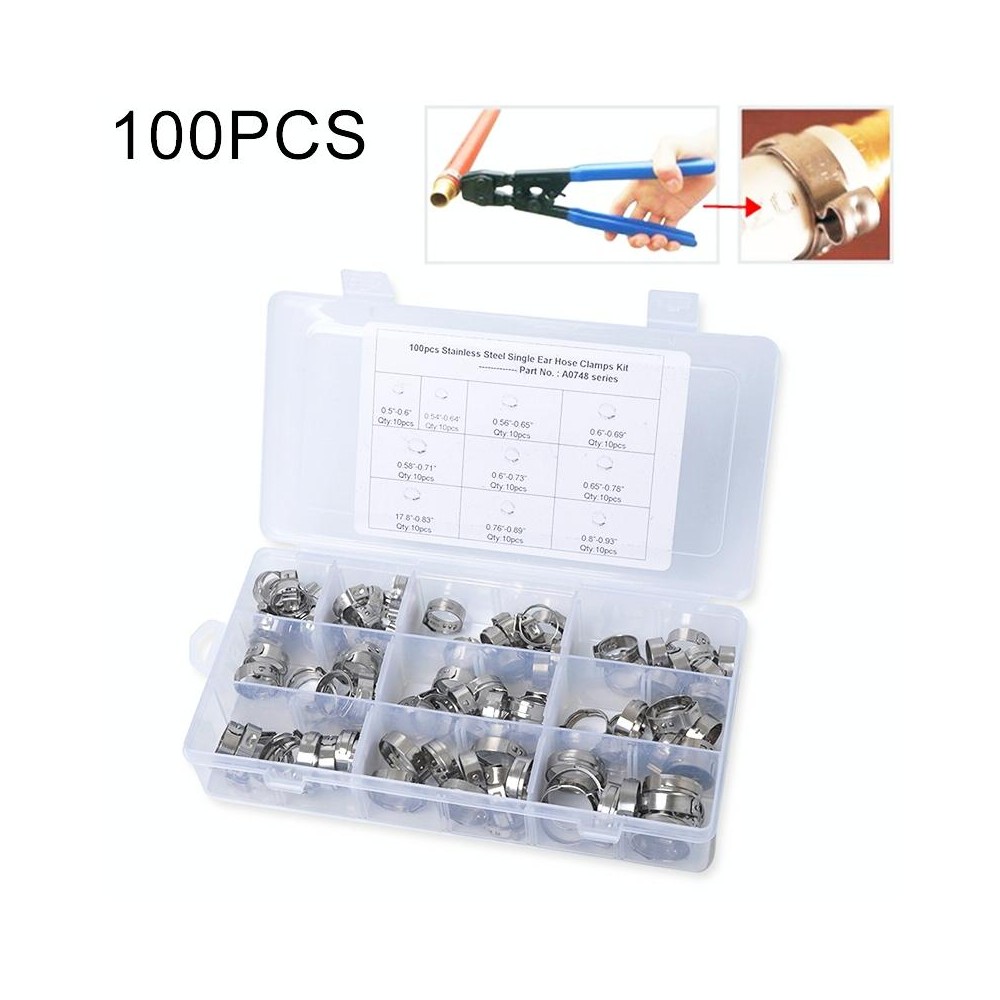 100 PCS Adjustable Single Ear Plus Stainless Steel Hydraulic Hose Clamps O-Clips Pipe Fuel Air, Inside Diameter Range: 12.8-23.5