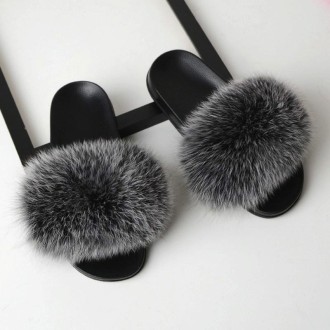 Fox Fur Slippers Flip-flops Non-slip Flat Fur Shoes Sandals for Women, Shoe Size:40-41(25cm)(Black Cream)