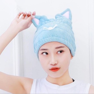 Coral Fleece Soft Absorbent Cat Ear Dry Hair Cap Thickened Adult Shower Cap(Blue)