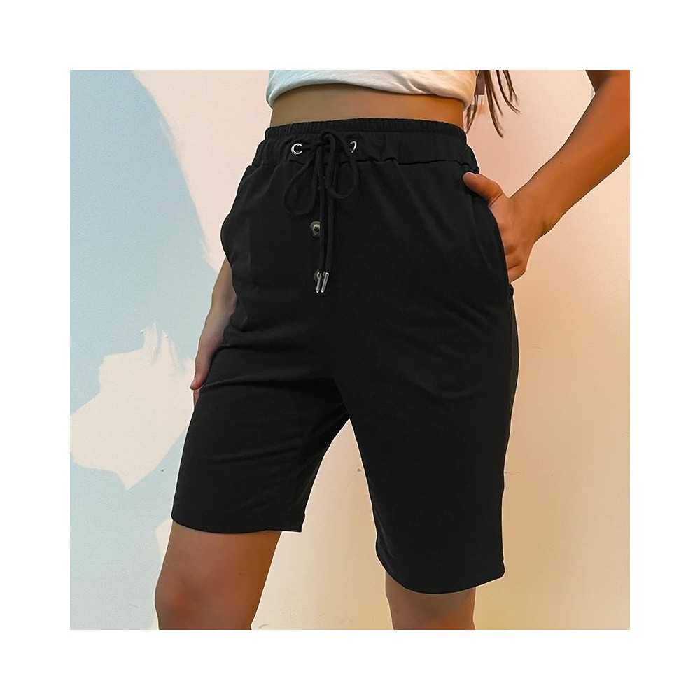 Women Solid Color Short Pants (Color:Black Size:L)