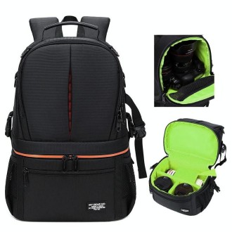 Large Capacity Waterproof Backpack Travel Shoulders Camera Bags(Black Grid Inner Green)