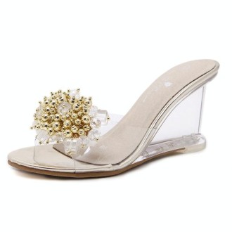 Woman Glass Rhinestone Wedge Heels, Shoe Size:40(Gold)