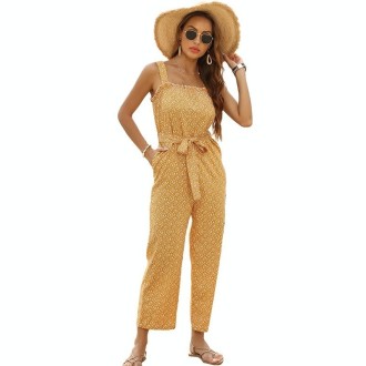 Women Floral Sling Ruffled Lace-up Jumpsuit (Color:Yellow Size:L)