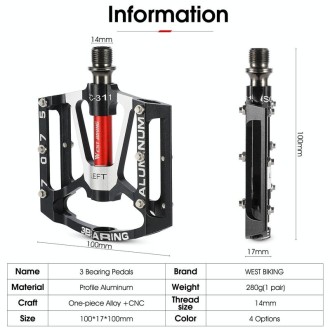 1pair WEST BIKING YP0802083 Mountain Bike Aluminum Alloy Pedal Lightweight Bearing Foot Pedal(Black)