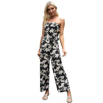 Women Chiffon Printed Boat Shoulder Jumpsuit (Color:Black Size:S)