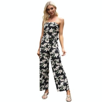 Women Chiffon Printed Boat Shoulder Jumpsuit (Color:Black Size:M)